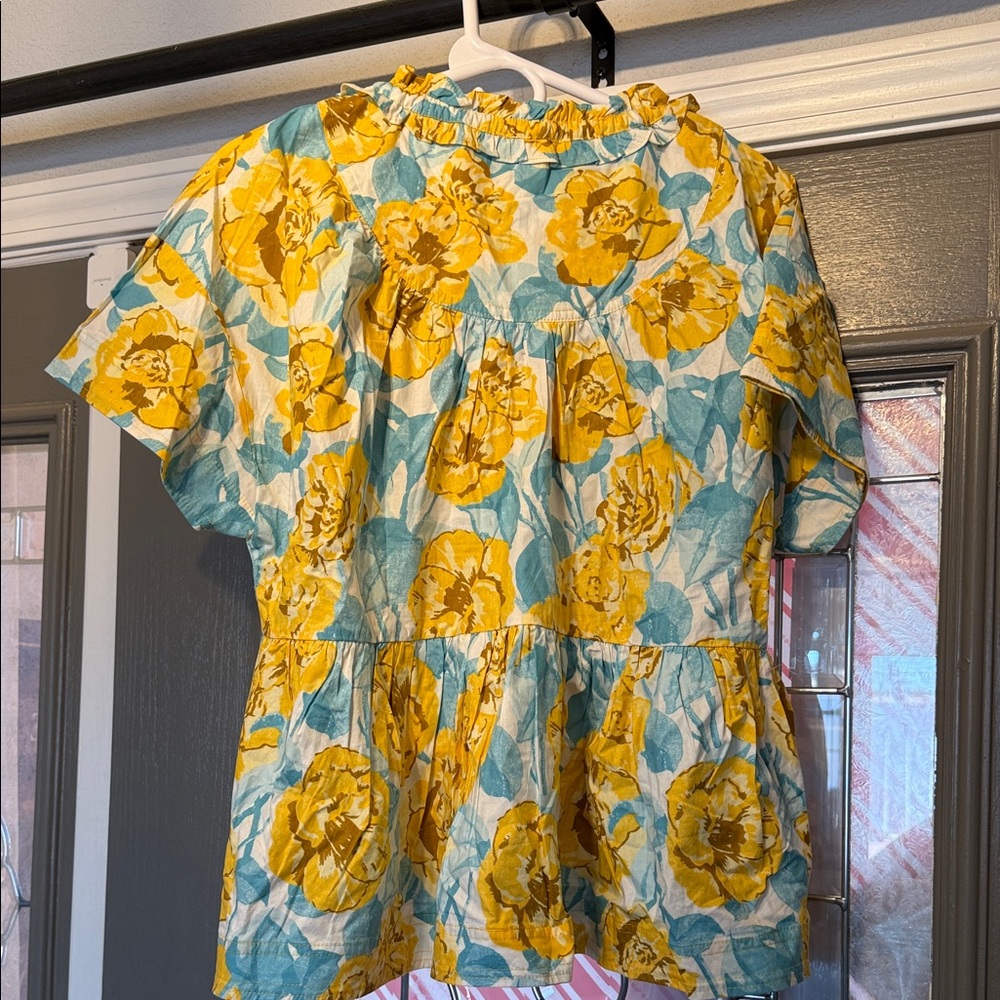 G.O.Q Floral Ruffle-Neck Peplum Blouse in Yellow & Light Blue - Picture 3 of 5